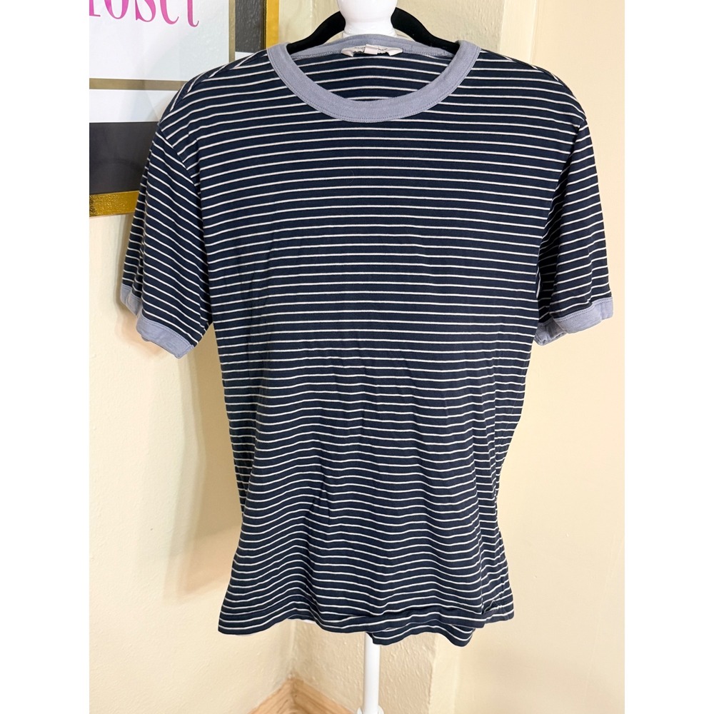 Club Monaco Mens Navy Blue White Striped Ringer T-Shirt Size Medium Grey Trim